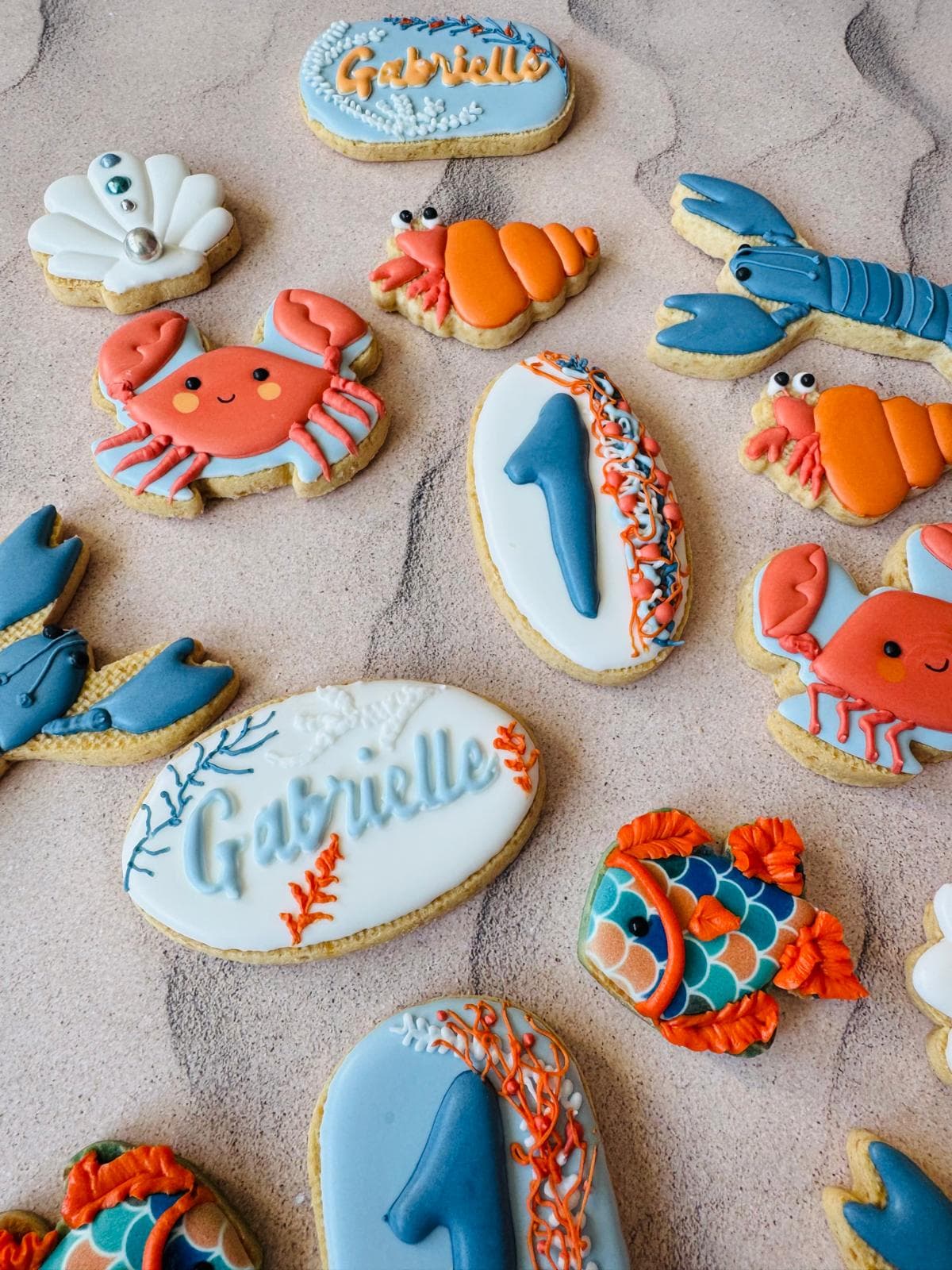 biscuit 1 an, homard, crabe, poisson, thème mer algues